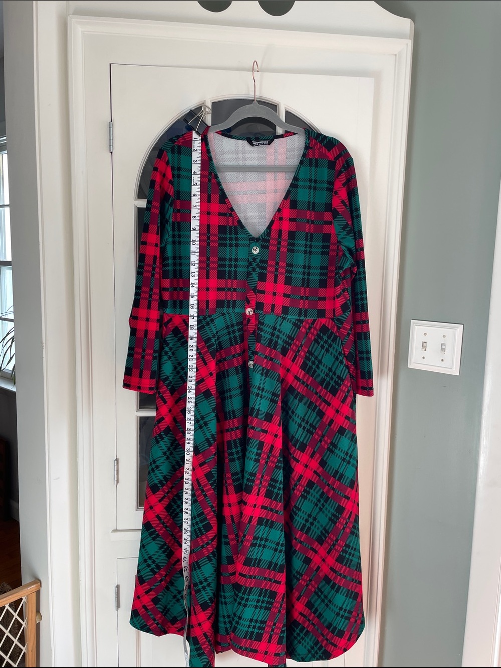 BloomChic Red & Green Plaid Button-Front V-Neck Long Sleeve Dress with Hanky Hem - Picture 5 of 10